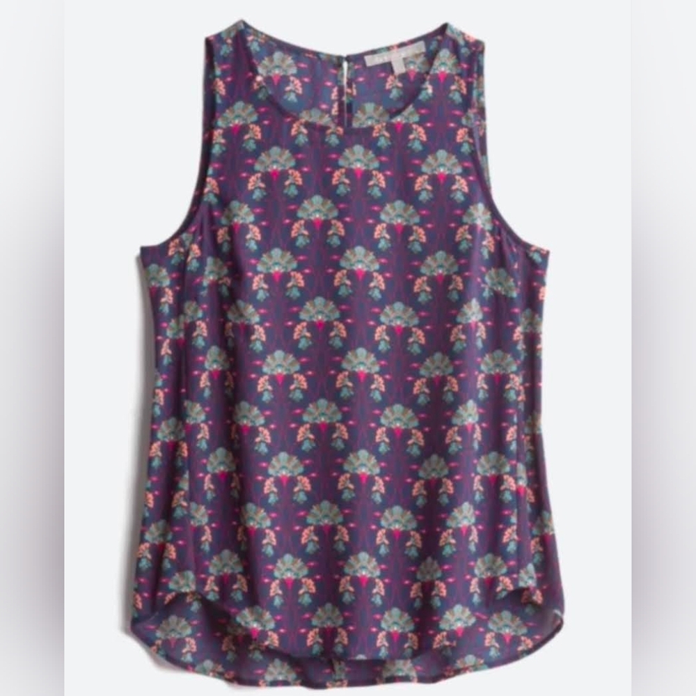 Daniel Rainn Jewel Tone Filigree Print Sleeveless Blouse, XL, Boho Tank, Navy